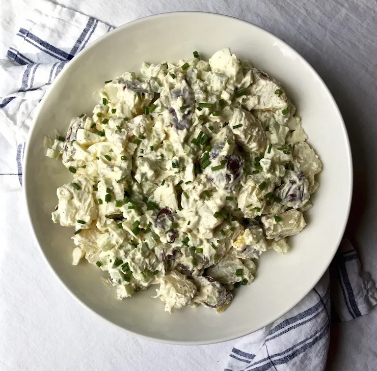 Honey's Potato Salad, overhead photo in serving bowl.