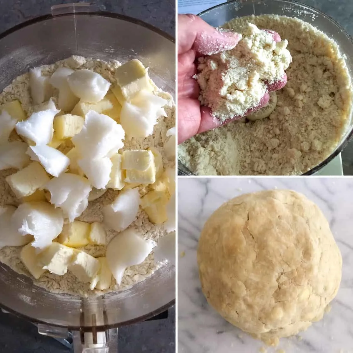 Three photo process collage, making the pie dough in a food processor.