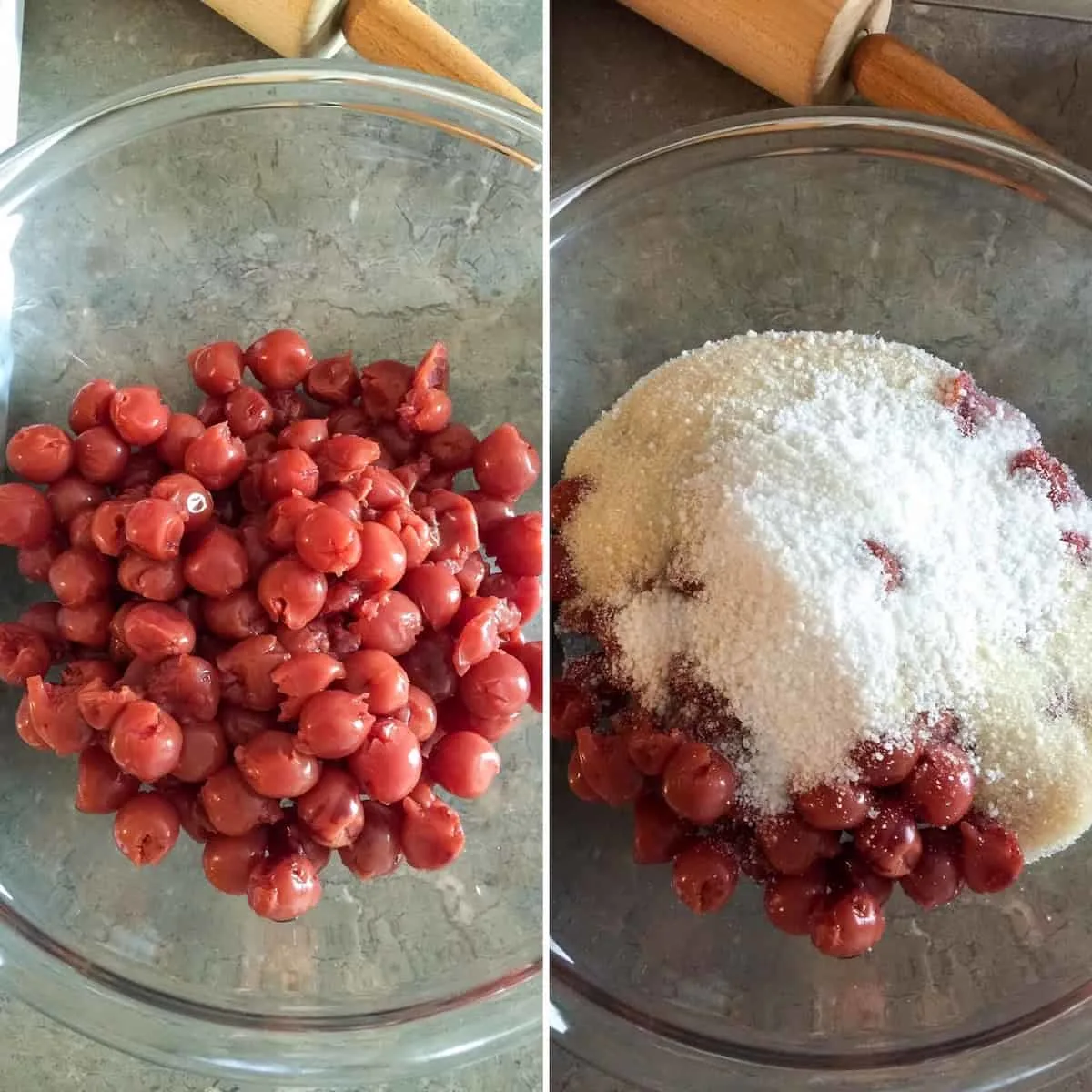 Preparing filling with sugar, tapioca and cherries, two photo collage.