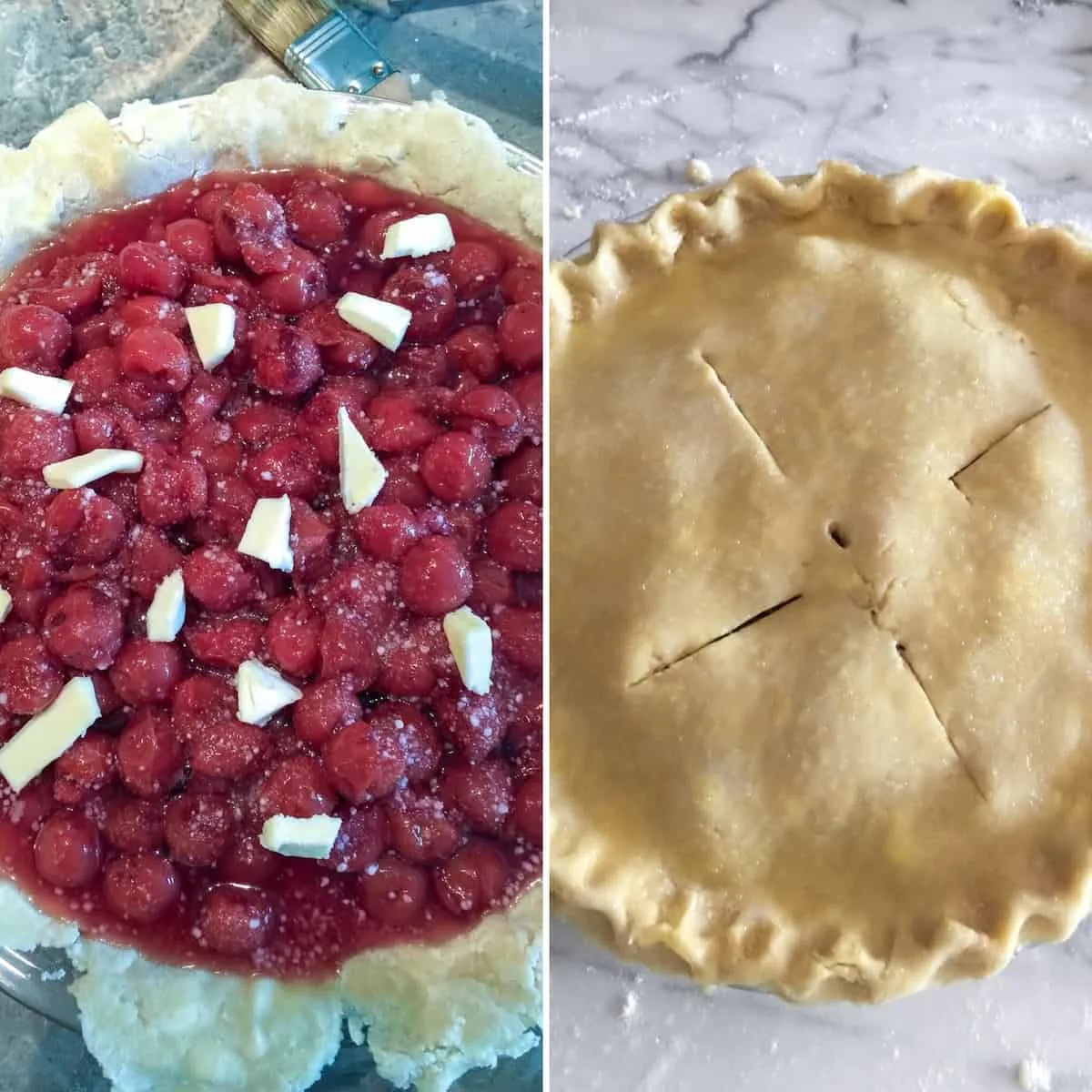 Two photo process collage, filling pie crust and dotting with butter.