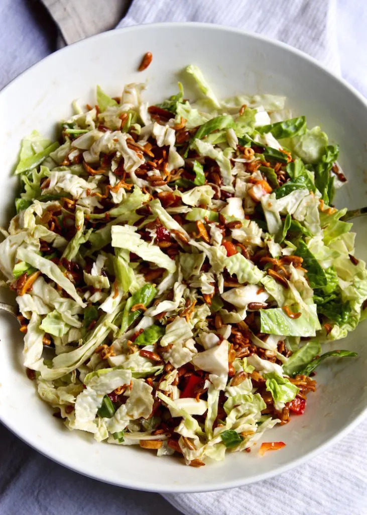 Napa Cabbage Salad, overhead photo in serving bowl.