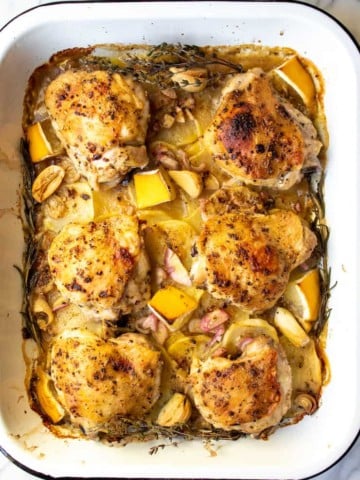 Finished pan of chicken and potatoes just out of oven.