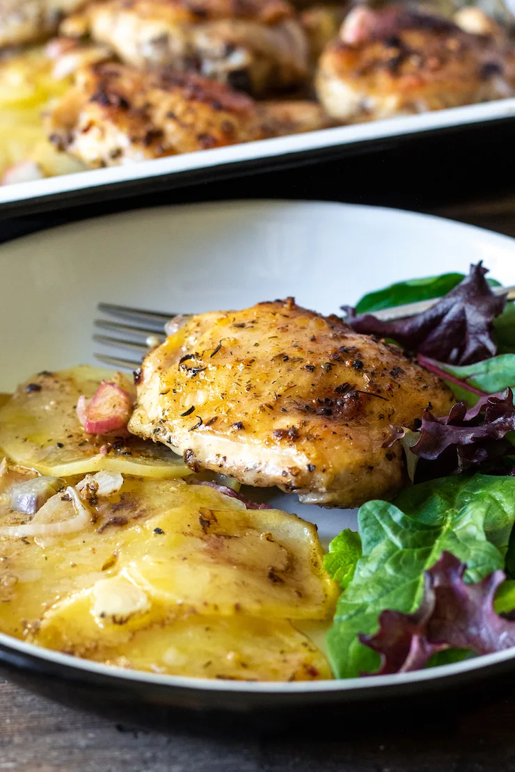 Chicken and poatoes on plate with pan in background.