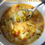 Pinterest pin with text, corn chowder in soup bowl with spoon
