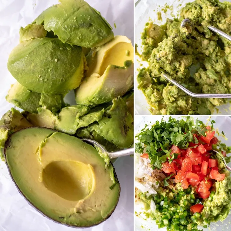 Collage of guacamole ingredients and preparation, mashing in bowl.
