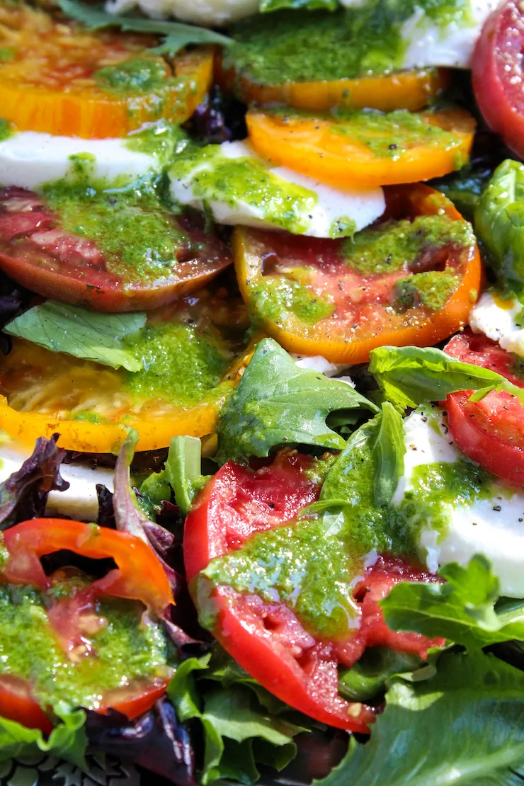 Caprese salad on platter.