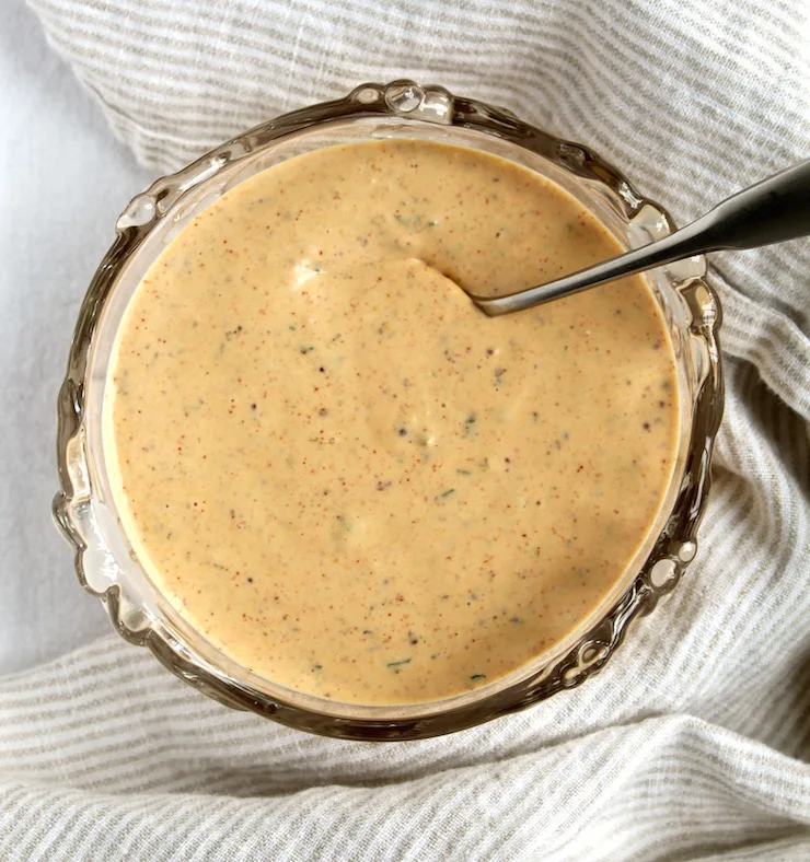 Homemade rémoulade sauce in bowl for dipping.