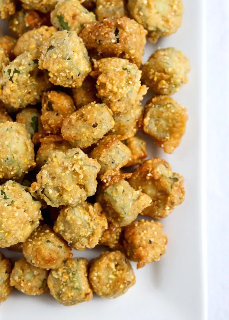 Close up of cornmeal crusted fried okra.