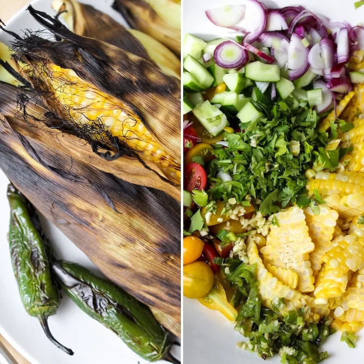 Two photo collage, chargrilled corn and salad ingredients in bowl.