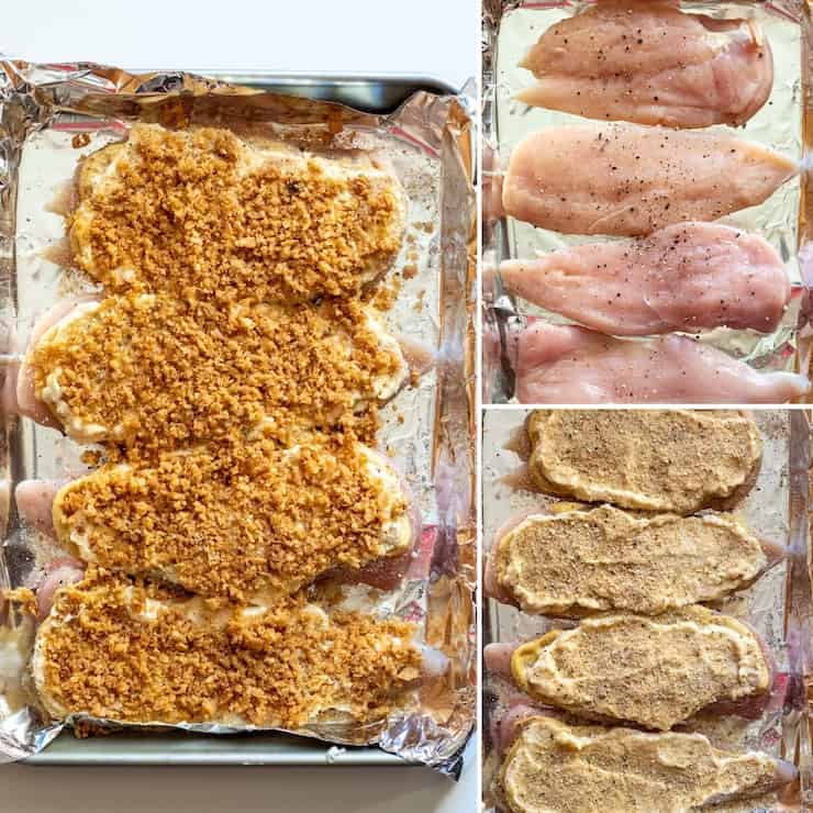 Preparing chicken breasts for baking, process photo collage.