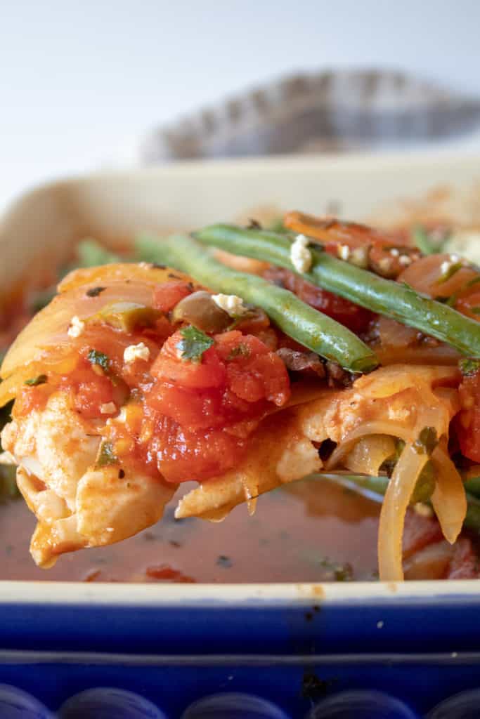 Mediterranean Baked Fish in Tomatoes, Onions, Olives and Green Beans