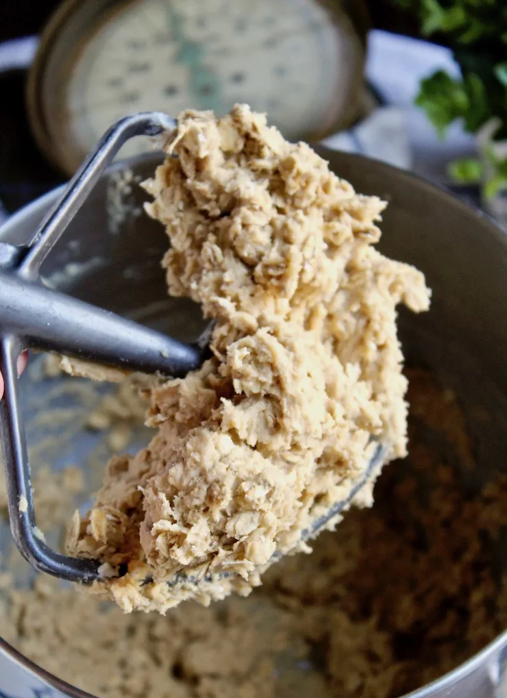 Old-Fashioned Oatmeal Cookies, batter on mixer blade.