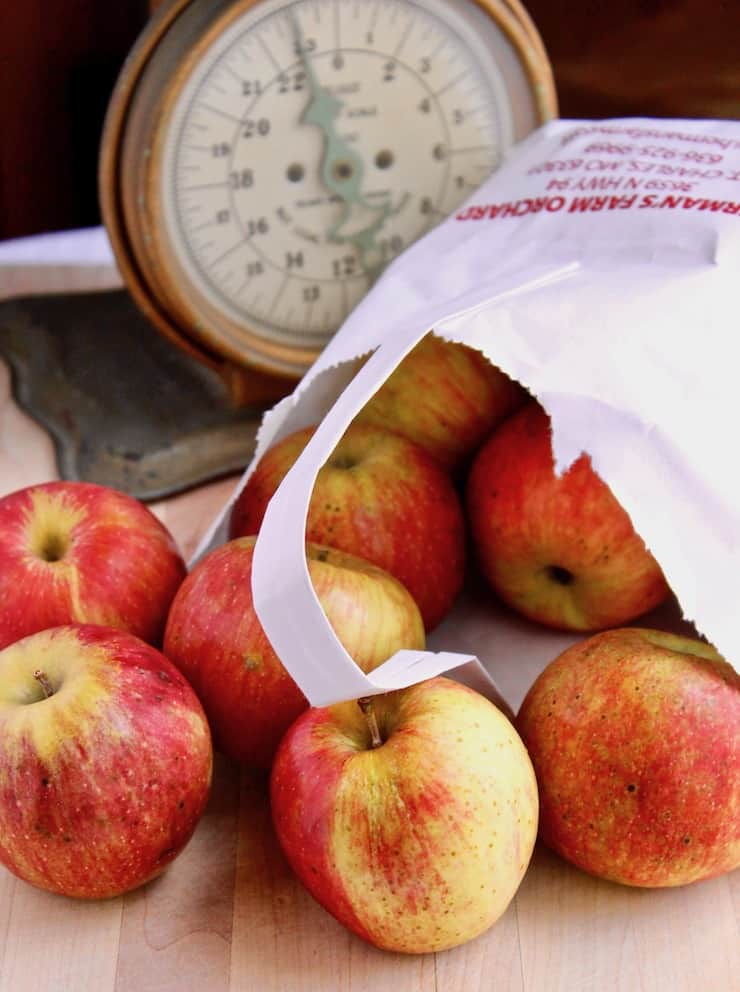 Bag of orchard picked apples spilling out on table