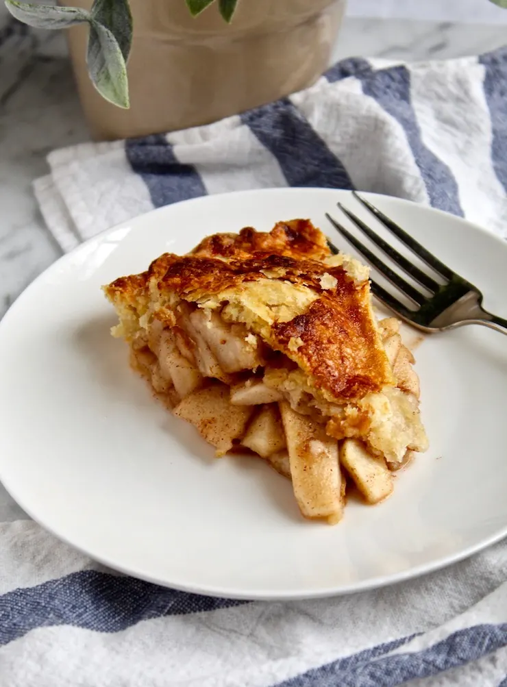 Slice of apple pie with fork on white plate.