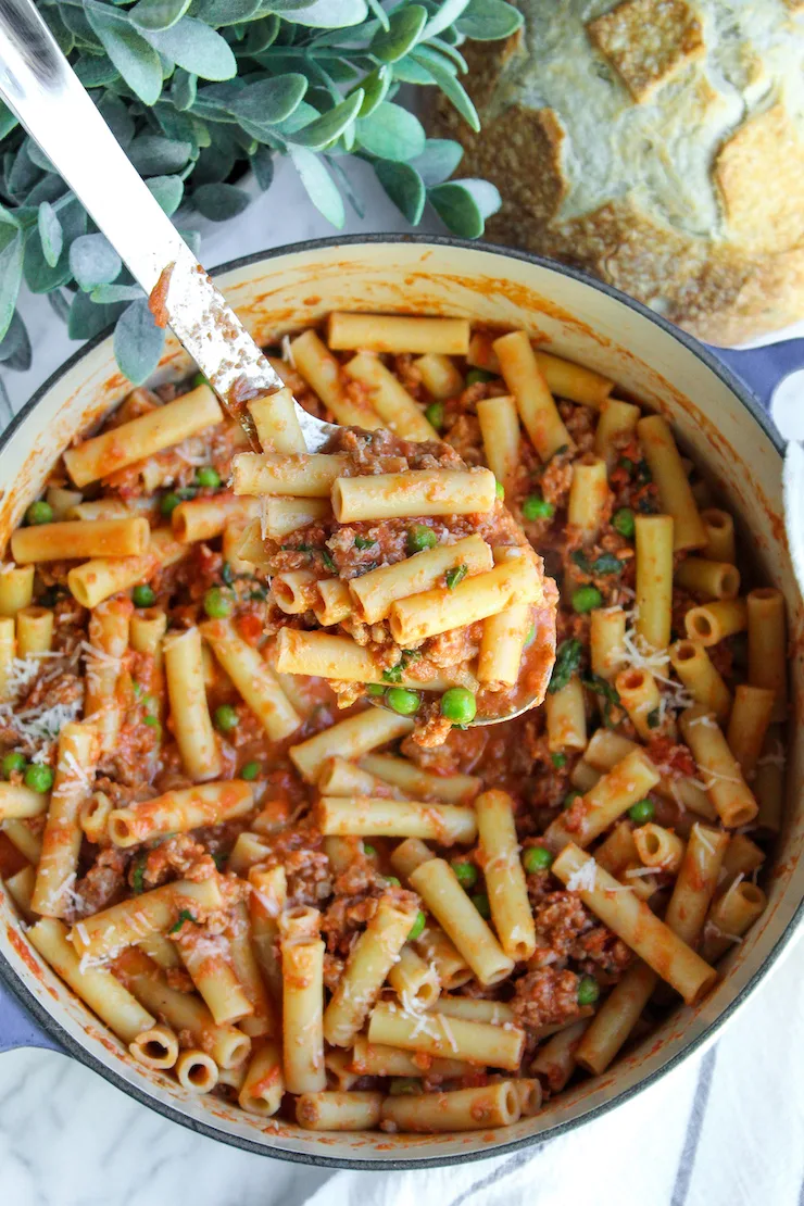 Overhead in pot with spoonful close-up.