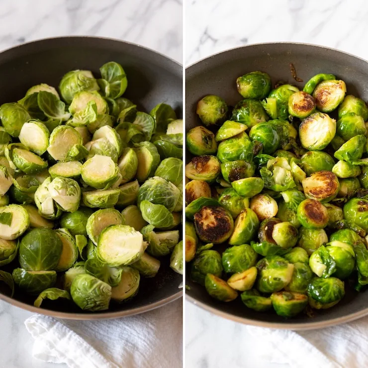 Process photo collage, sautéing Brussels sprouts.