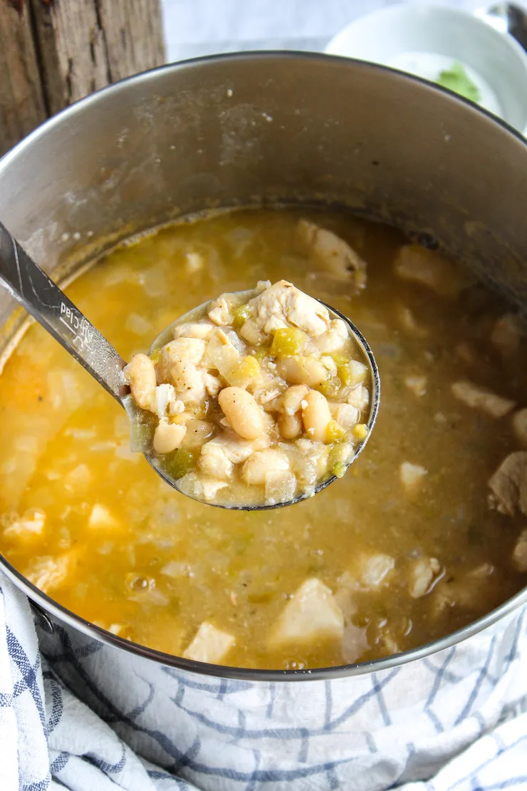 Ladle of chili over pot.