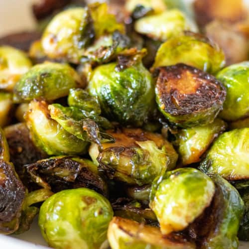 Closeup of caramelized Brussels sprouts.