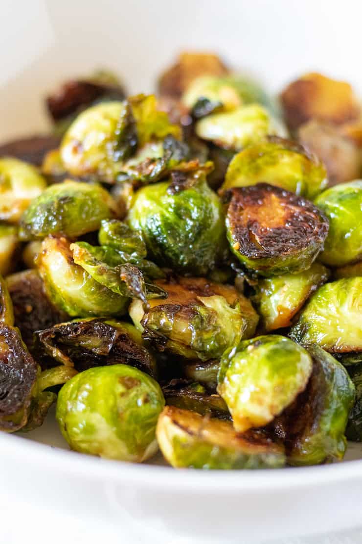 Closeup of caramelized Brussels sprouts.