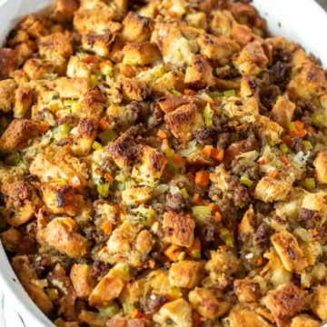 Old fashioned sausage stuffing in casserole dish.