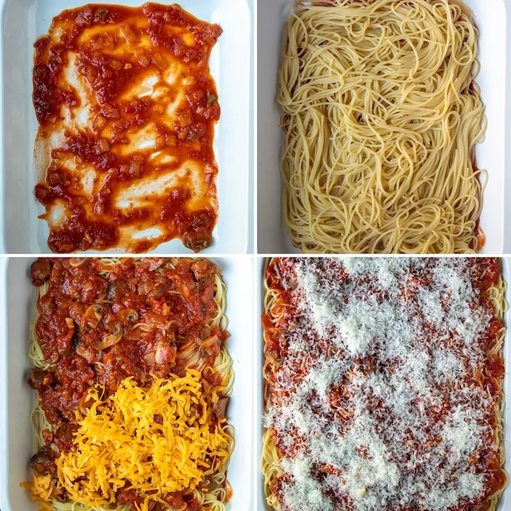 Process photo collage of assembling pasta bake.
