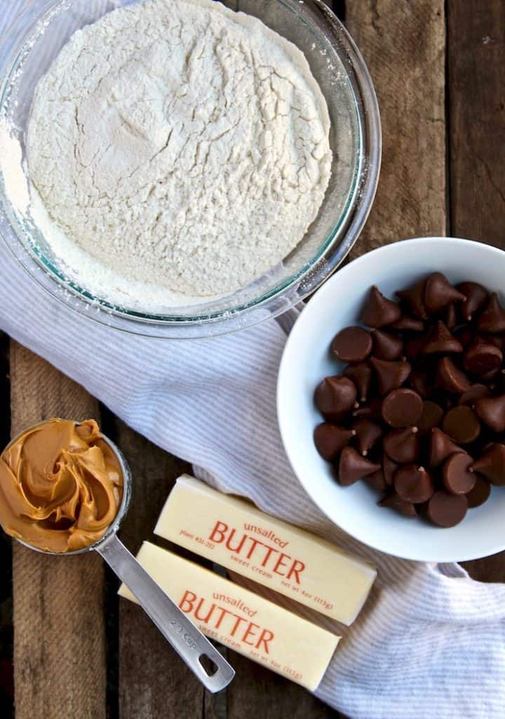 Flour, butter, peanut butter, chocolate kisses ingredients.