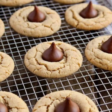 Chocolate Kiss Peanut Butter Cookies, pin for Pinterest, with text.