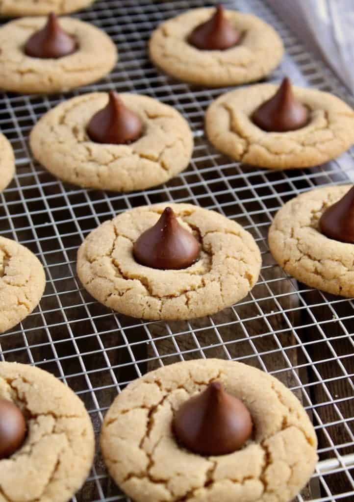 Chocolate Kiss Peanut Butter Cookies, close up on cooling rack.