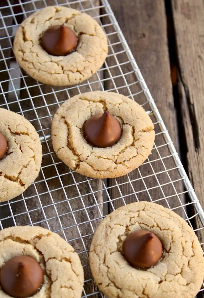 Chocolate Kiss Peanut Butter Cookies, close up on cooling rack.