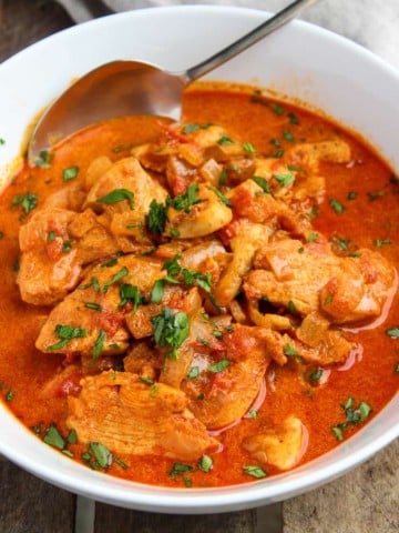 Chicken paprikash in white serving bowl with spoon.