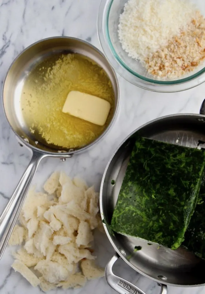 Melted butter, bread, cheese and spinach ingredients.
