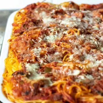 Pan of Italian baked spaghetti out of the oven.