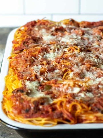Pan of Italian baked spaghetti out of the oven.