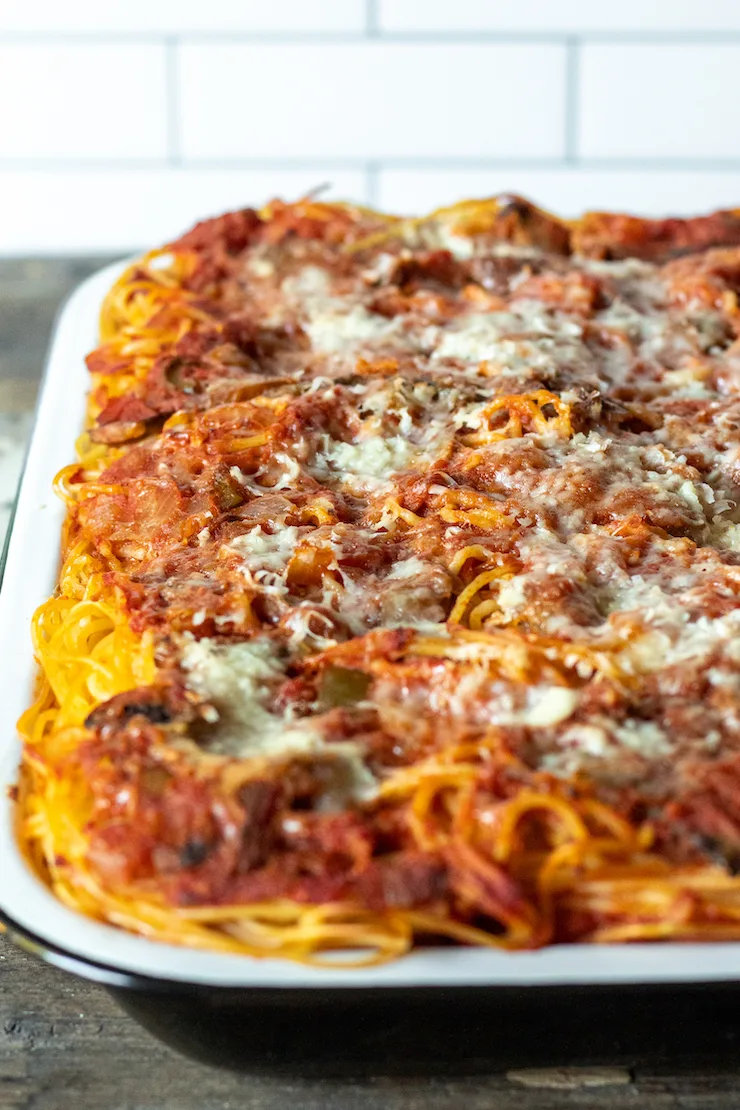 Pan of Italian baked spaghetti out of the oven.