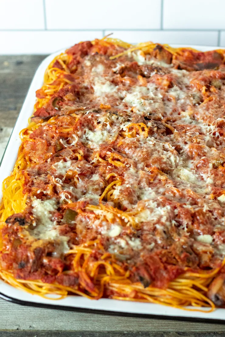 Pan of Granddads' baked spaghetti.