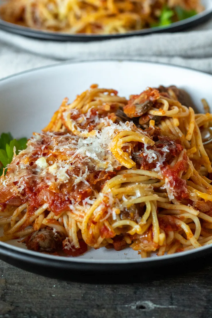 Close up of plated Italian baked spaghetti sprinkled with cheese.