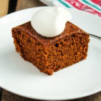 Piece of gingerbread with whipped cream on white plate.