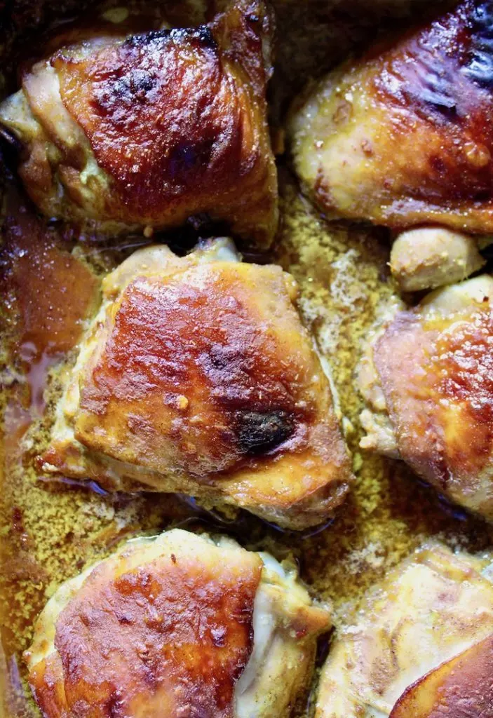 No Work Chicken closeup shot of baked thighs