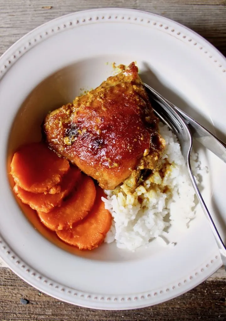 No Work Chicken, baked thigh in bowl with white rice and sweet potatoes