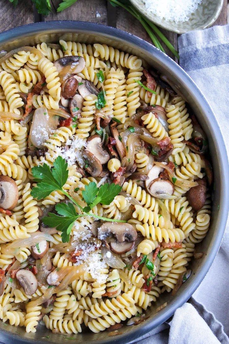 Half pan overhead shot of finished pasta.