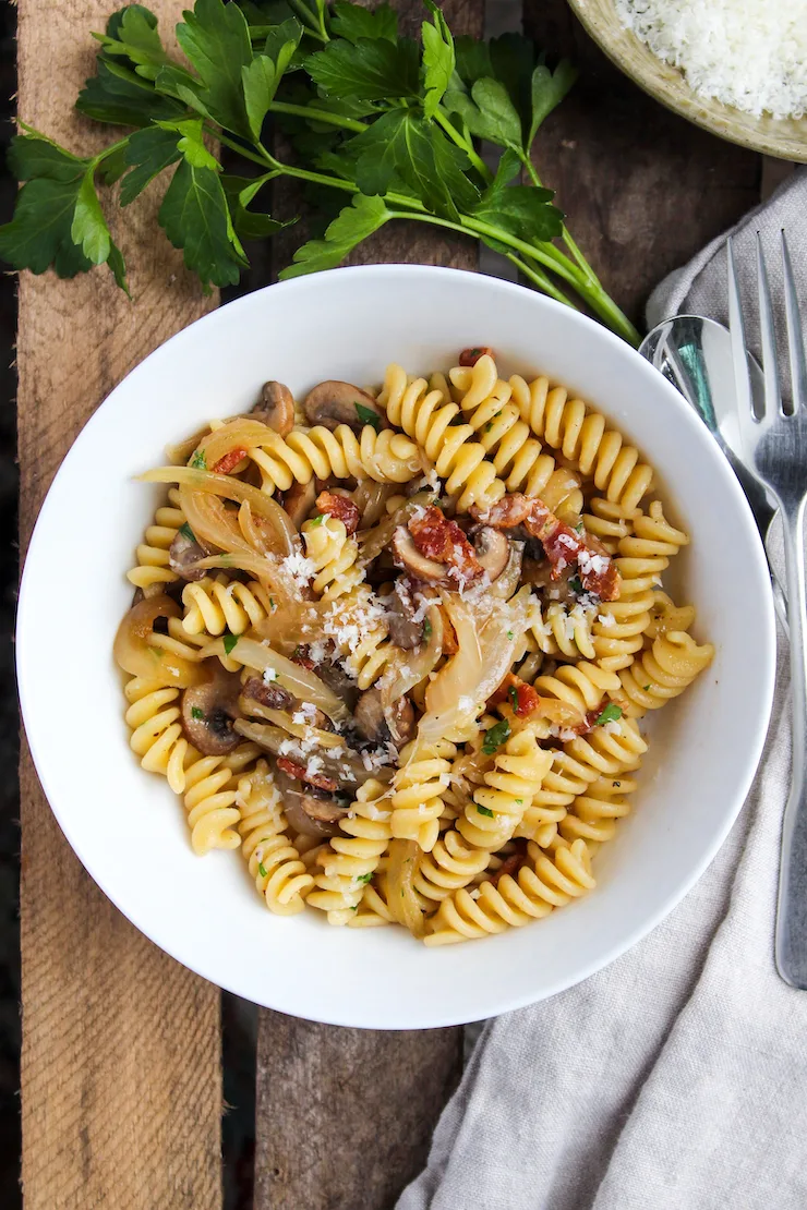 Fusilli pasta plated in bowl.