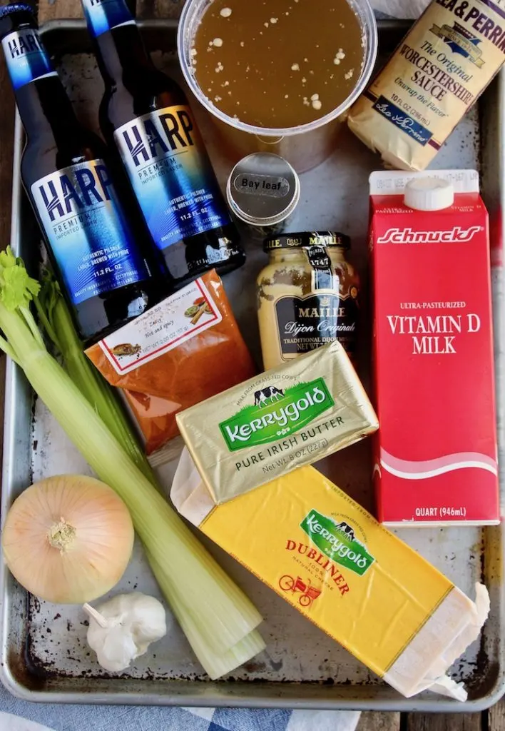 Irish Beer Cheese Soup, photo of ingredients on a sheet pan.