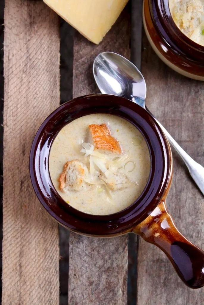 Irish Beer Cheese Soup, in serving bowl/crock.