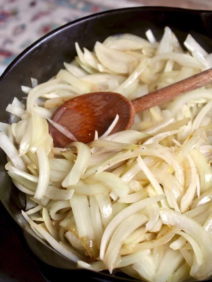 Diner-Style Patty Melts, onions caramelizing in skillet