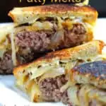 Diner-style patty melts, pin for Pinterest with text and description.