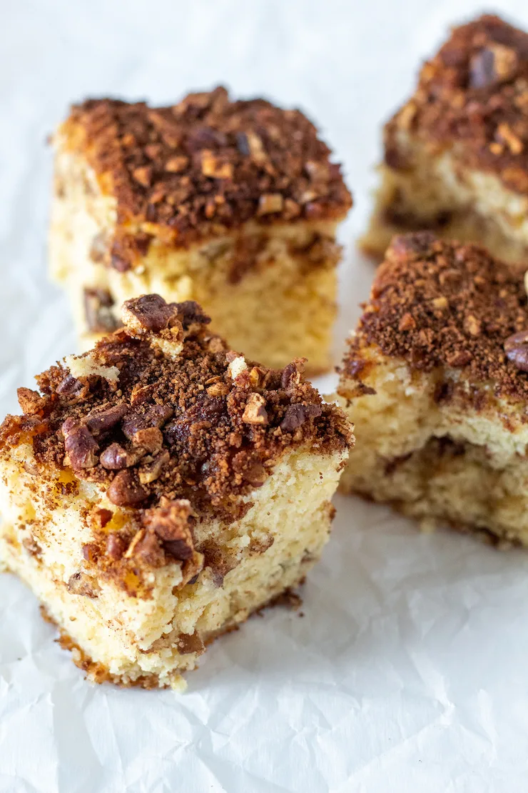 Overhead of slices of coffee cake.
