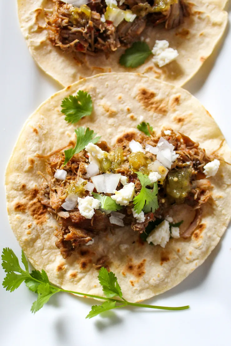 Close up of carnitas taco.