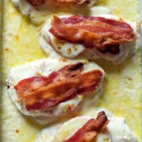 Finished hot brown sandwiches on sheet pan.