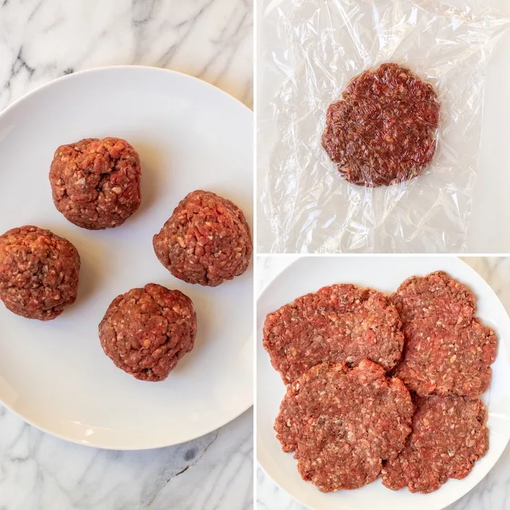Preparing ground beef patties for stuffing with cheese.