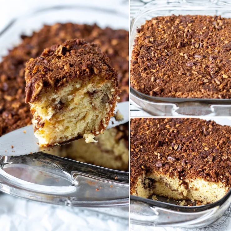 Three photo collage, various views of coffee cake in baking dish.